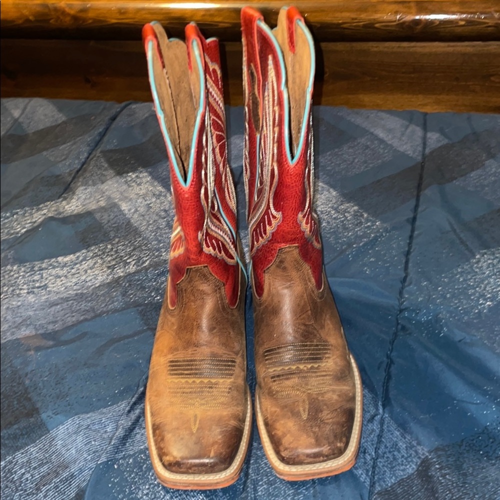 Ariat Brown and Red Cowboy Boots Square Toe